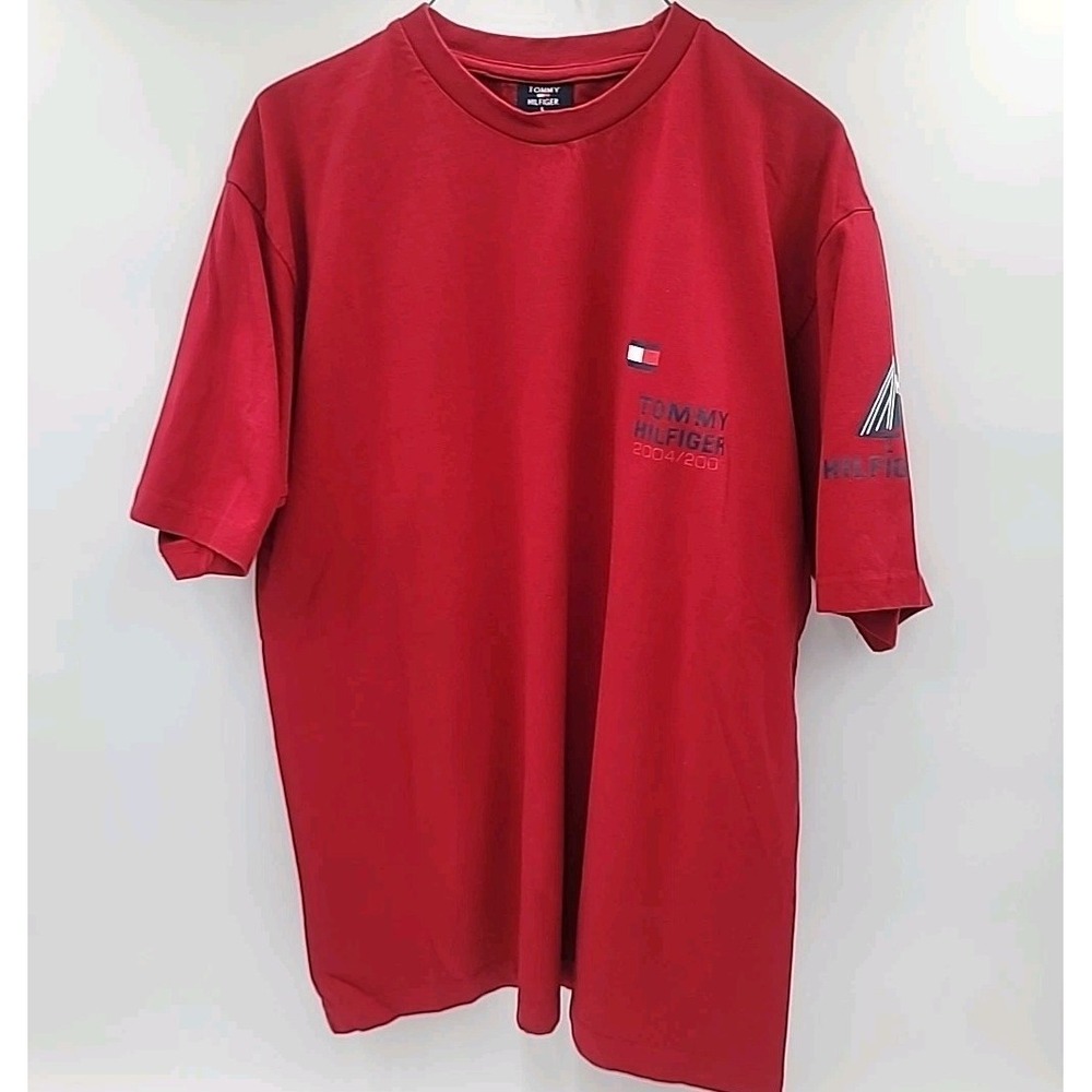 VTG Tommy Hilfiger Red Cotton Neck Short Sleeve Men's T-Shirt Size L 2004/2005